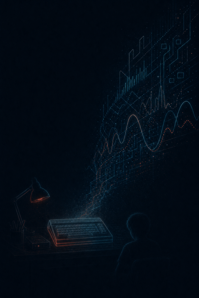 Atmosphärische Illustration der musikalischen Anfänge von eXzez am Commodore 64