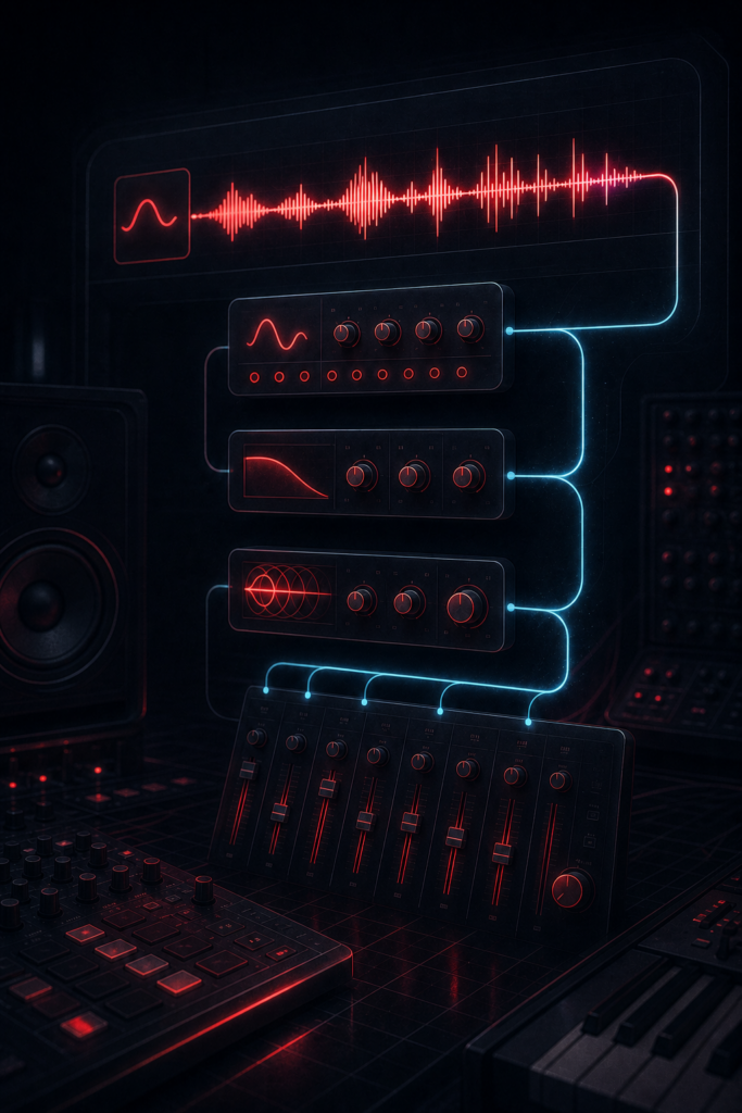 Atmosphärische Illustration des Übergangs von Trackern zu Synthese und verbundenen Signalwegen