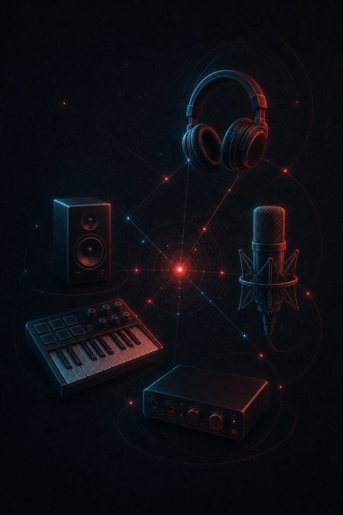 Atmosphärische Illustration eines persönlichen Studios als Konstellation elektronischer Instrumente
